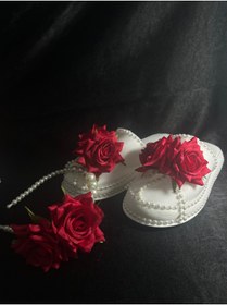 Resim Bridal Luxe Kırmızı gül detaylı lohusa terliği ve tacı takım 