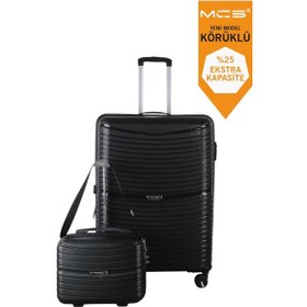 Resim Mçs V379 Aura Y.üretim Pp Valiz 75 Cm + Makyaj Şampanya/kahve Set Siyah 