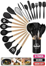 Resim 18'li Parça Silikon Çırpıcı Spatula Maşa Kepçe Kevgir Kaşık Fırça Servis Seti Bambu Saplı Mutfak Tak Siyah 