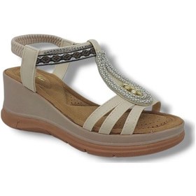 Resim İzlife 137 Kadın Krem Lastikli Taşlı Tokalı Dolgu Taban Sandalet Ayakkabı Krem 