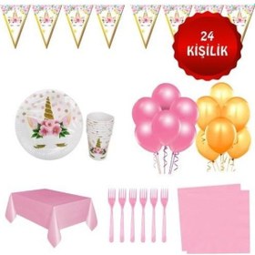 Resim Unicorn Temalı Doğum Günü Parti Seti 24 Kişilik 