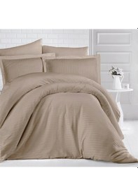 Resim Clasy Çizgili Açık Kahve Çift Kişilik %100 Pamuk Saten Nevresim Takımı Açık Kahverengi 