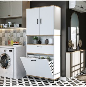 Resim Çamaşır Sepetli Banyo Dolabı, Çok Amaçlı Dolap 90 X 200, Roomart Atlantik Çam - Beyaz 