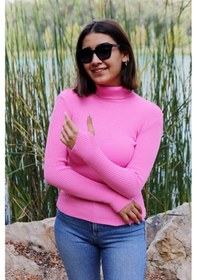 Resim İpli Pembe Renk Balıkçı Yaka Parmak Detaylı Kadın Kazak Pembe 