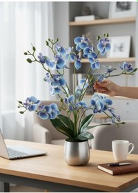 Resim Yapay Çiçek Mavi 9 Dallı Islak Orkide Gümüş Metal Saksıda Saksıda Orkide 60cm Mavi 
