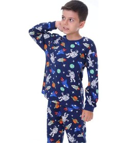Resim Zuzunga Astronot Temalı Pamuk Unisex Çocuk Pijama Takımı Lacivert 