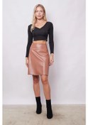 Resim Kadın Hafif Likralı Deri Yüksek Bel Diz Boy Çan Etek-camel CAMEL 