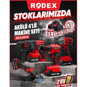 Resim Rodex 4'lü Makine Seti 20V 3X4.0AH Li-Ion D.matkap 45NM D.somun Sıkma 300NM Kırıcı Delici 2.5j Avuç Taşlama 125MM Aksesuarlı Bmc 
