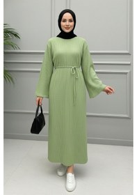 Resim Defymoda Kadın Açık Yeşil Ribanalı / Fitilli Uzun Tesettürlü Kışlık Elbise - Çan Kol Detaylı Astarlı/örme Yeşil 