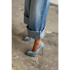 Resim Ayakkabı Prensi Deft Taş Detaylı Açik Mavi Kot Açik Mavi 13 cm Platform Klasik Topuklu Ayakkabı Kadın 