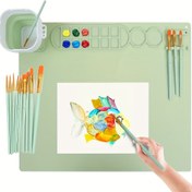 Resim 1 Set Silikon Boyama Matı-20“X16” Silikon Sanat Matı, 1 Kalemlik ve On Fırça ile-Silikon El Sanatları Matı 14 Renk Bloklu-2 Renk Ayırıcı Pembe/Mavi/Yeşil 