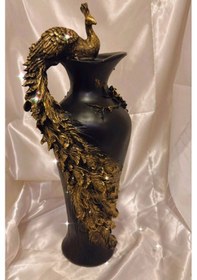 Resim Tavuskuşu Vazo El İşi Siyah Gold 