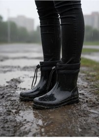 Resim Konçlu Peluşlu Unisex Potin Yağmur Botu 36-40 Siyah Siyah 