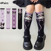 Resim Sanrio 4 Double Kulomi Mid-Tube Socks Love Bow Purple Simple All-Match Youth Socks 