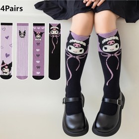 Resim Sanrio 4 Double Kulomi Mid-Tube Socks Love Bow Purple Simple All-Match Youth Socks 