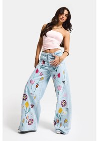 Resim Itsbasic Kadın Ice 11s6-3 Palazzo Fit Gül Çiçek Nakış Detaylı Özel Tasarım Denim Jean Buz Mavi 