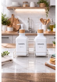 Resim Makri Home Stantlı Bambu Kapaklı İkili Cam Sıvı Sabunluk & Deterjanlık Seti 2 500 Ml, 22,5 8,5 24 Cm Beyaz 