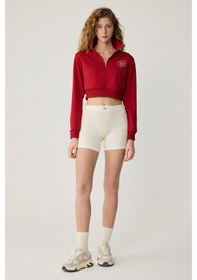 Resim Urban Beat Helena Kadın Dik Yakalı Fermuarlı Küçük Baskı Motifli Crop Kırmızı Sweatshirt Kırmızı 