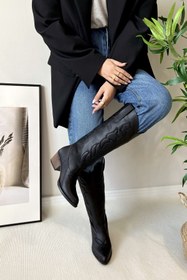 Resim POLKA STORE Texas Nakışlı Uzun Diz Altı Siyah Western Kadın Kovboy Çizme 