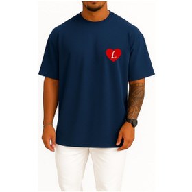 Resim Bahriyeli Collection Oversize Sevgililer Günü Özel Kalp İçinde L Harfi Cep Baskılı Unisex T-shirt Lacivert 