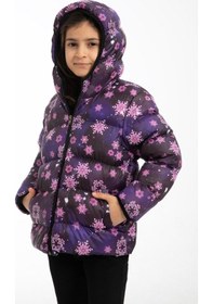 Resim Spor Kız Çocukçiçek Desen Polar Su Ve Rüzgar Geçirmez Kapüşonlu Şişme Mont-95 Mor 