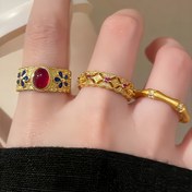 Resim Kadınlar için Vintage Esinlenmiş Ayarlanabilir Altın Halkalar - Zarif Mavi ve Kırmızı Taş Tasarımları, Çok Yönlü Günlük Moda Aksesuarı, Tüm Mevsimler İçin Giyilebilir, Her Gün Halkalar|Vintage Esinlenmiş Halkalar|Ayarlanabilir Halka 