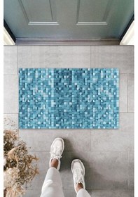 Resim Mavi Kapı Önü Paspası Küçük Kareler Desen K-3207 