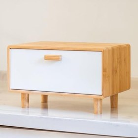 Resim Bambu Ekmeklik Dolabı – Beyaz Kapaklı Tezgah Üstü Ekmek Saklama Kutusu, Doğal Bambu, Modern Mutfak Düzenleyici 