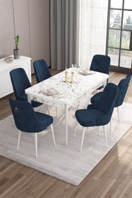 Resim Canisa Concept Are Serisi 80x132 Açılabilir Mdf Beyaz Mermer Desen Masa Takımı Ve 6 Lacivert Sandalye 