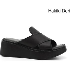 Resim Gönderi(r) Kadın Siyah Dolgu Taban Hakiki Deri Terlik 