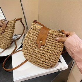 Resim Doğal Bej & Kahverengi Bohem Tarzı Ayarlanabilir Askılı Trendy Hasır Çapraz Vücut Çantası - Kadınlar için Plaj Tatili, Günlük İşe Gidiş Geliş ve Rahat Geziler 