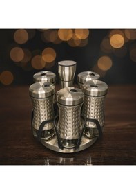 Resim Çelik 6 Lı Baharat Seti Döner Raylı Altı Cam 18x18 Cm Gümüş 