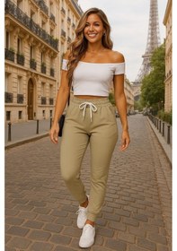 Resim Reka Moda Kadın Kısa Kollu Madonna Yaka Viskon Crop Bluz Cepli Iki Iplik Eşofman Takım Bej 