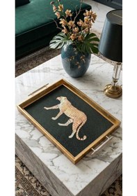 Resim Leopar Desenli Dekoratif Tepsi Gold Çerçeveli Ve Kulplu Çay Kahve & Sunum Tepsisi 