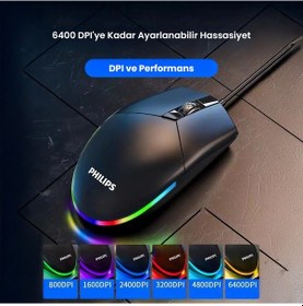 Resim Philips SPK9304 USB Kablolu 6400DPI 6 Tuşlu RGB Aydınlatmalı Optik Mouse 