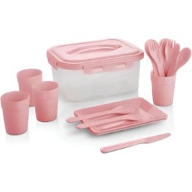Resim Mcreative Parça Piknik Seti, 4 Kişilik, Tabak, Bardak, Çatal Kaşık Bıçak Takımı ve Saklama Kabı (Pembe) 