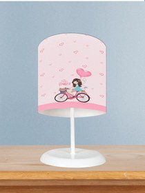Resim Mekta Home Bebek Ve Çocuk Odası Bisikletli Kız Ve Kalpli Balon Desenli Pembe Abajur 