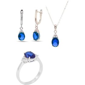 Resim Midyat Nurtaş Gümüş 201021906 Safir Taşlı 925 Ayar Gümüş Üçlü Set 