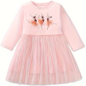 Resim Yumuşak Pembe Tütü Elbise - Balerin Baskılı ve File Etekli, Uzun Kollu Pamuk Karışımı, İlkbahar/Sonbahar Şenlikleri için, 2-7 Yaş Arası Çocklar, ile Dans Gösterileri, 2 yaş 7-8 cm bel lastikli orta boy elbiseler (Mesane Yıkama), Rahat Giyim, 2 7 Ýaş ýaz-güz kıyafeti 