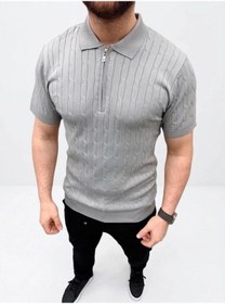Resim Erkek Yazlık Triko Saç Örgü Tişört Kısa Kol Polo Yaka Fermuarlı T-shirt - Gri 