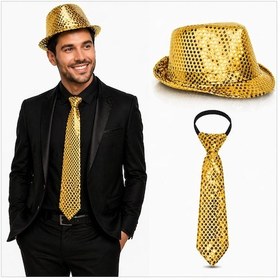 Resim Altın Gold Payetli Şapka Ve Krat Seti Işıltılı Parti Kombini - Noth-860400 