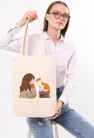 Resim Kanvas Kedili Kız Baskılı Bez Çanta 