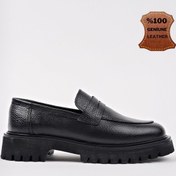 Resim Muggo Paradise Hakiki Deri Kalın Taban Günlük Casual Makosen Kadın Loafer Ayakkabı Siyah 