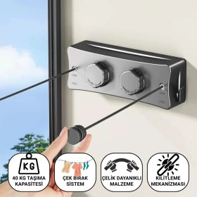 Resim Polham 5.1 Metre Uzayabilir Çift Halatlı Çelik Dayanıklı Çek-Bırak Çamaşır Ipi, 40 kg Taşıma Kapasiteli 