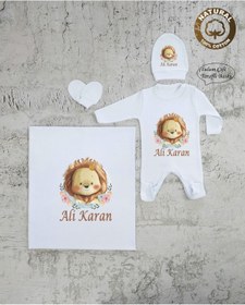 Resim yzc home size dair... Bt E42 Isimli Erkek Bebek Battaniye Tulum Şapka Eldiven Set Hastane Çıkışı %100 Pamuk 