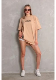 Resim Ahes Shopping Unisex Bisiklet Yaka Baskılı Oversize T-shirt - Bej Bej 