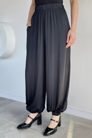 Resim Gülseli Kadın Bel Ve Paça Lastikli Şalvar Model Pantolon Siyah TZL-P-00021430 