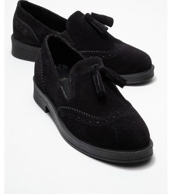 Resim Luvi Shoes Alex Siyah Süet Hakiki Deri Püsküllü Lastikli Kadın Loafer Ayakkabı SIYAH SUET 