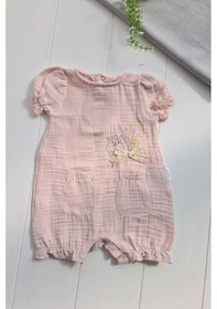 Resim Müslin Kumaş Çiçek Nakışlı Pamuklu Kız Bebek Tulum Pembe 