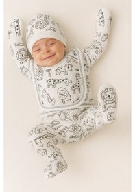 Resim Hece Bebe Pamuklu 5 Parça Yenidoğan Hastane Çıkışı Seti Bebek Zıbın Takımı, Şapka, Önlük, Eldiven Ekru - Kahverengi 